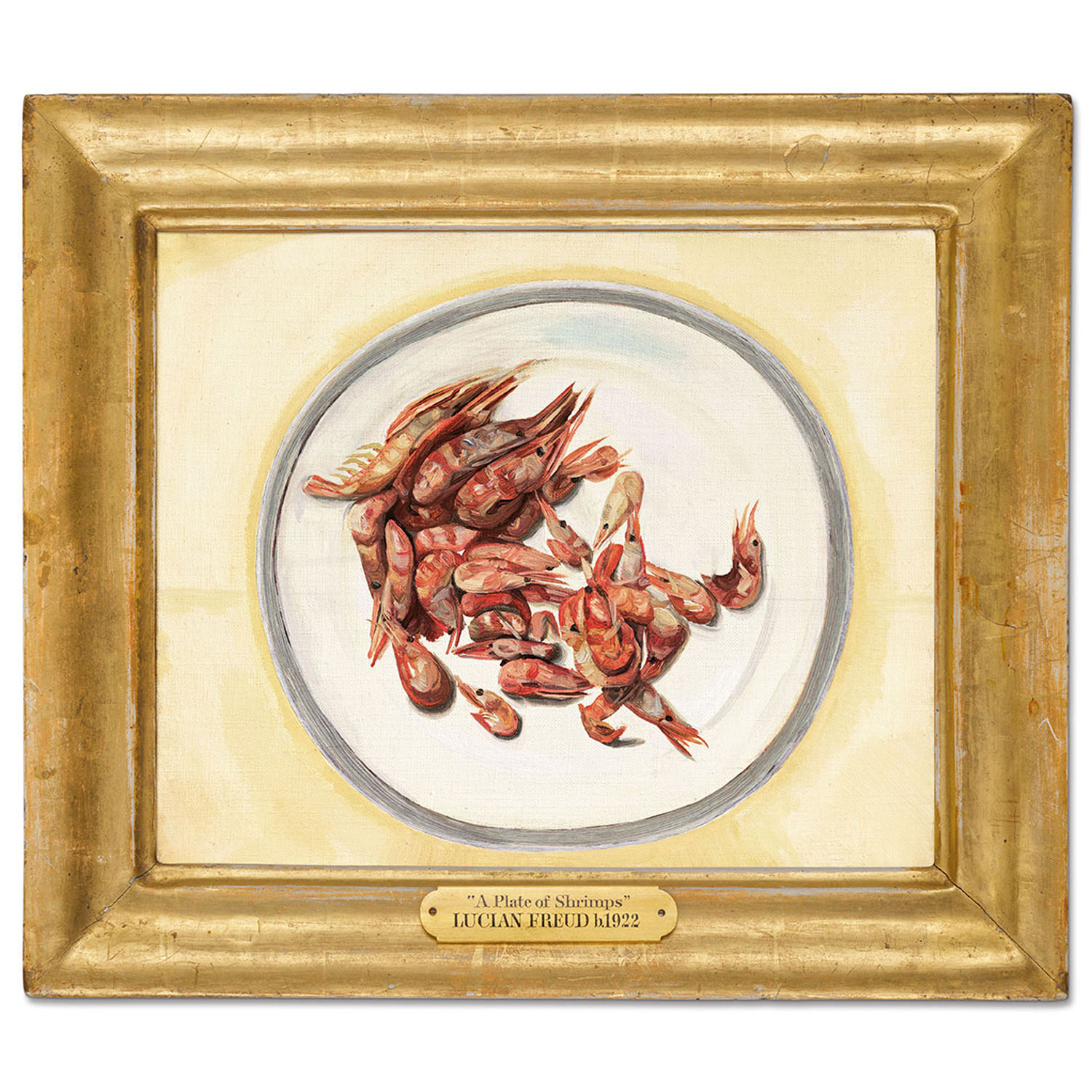 A painting of a plate of shrimps