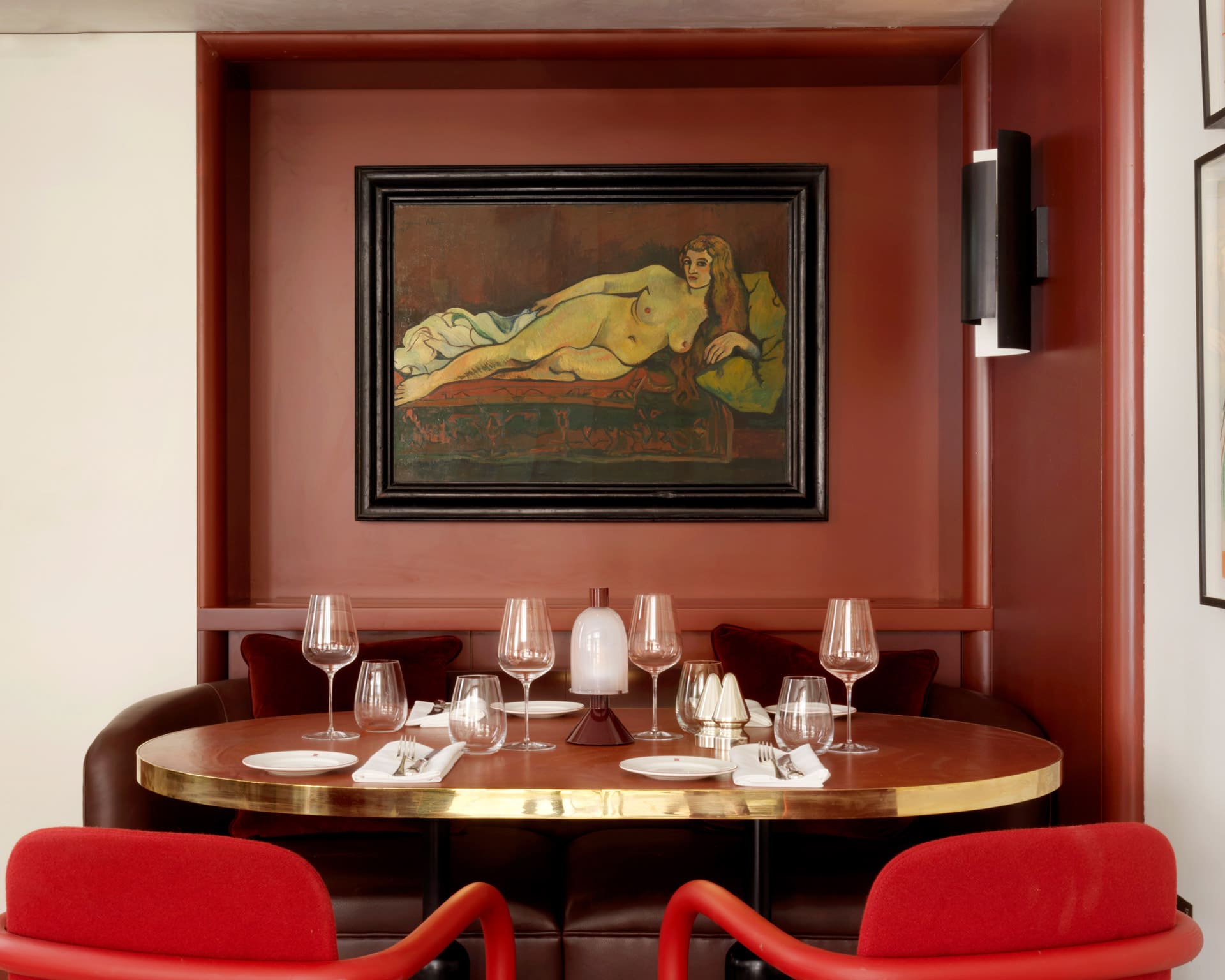A picture of artwork in Mount St. Restaurant showing: Suzanne Valadon (1865–1938) “Nu Allongé sur un canapé (Reclining nude on a divan)”,  1916 Oil on canvas