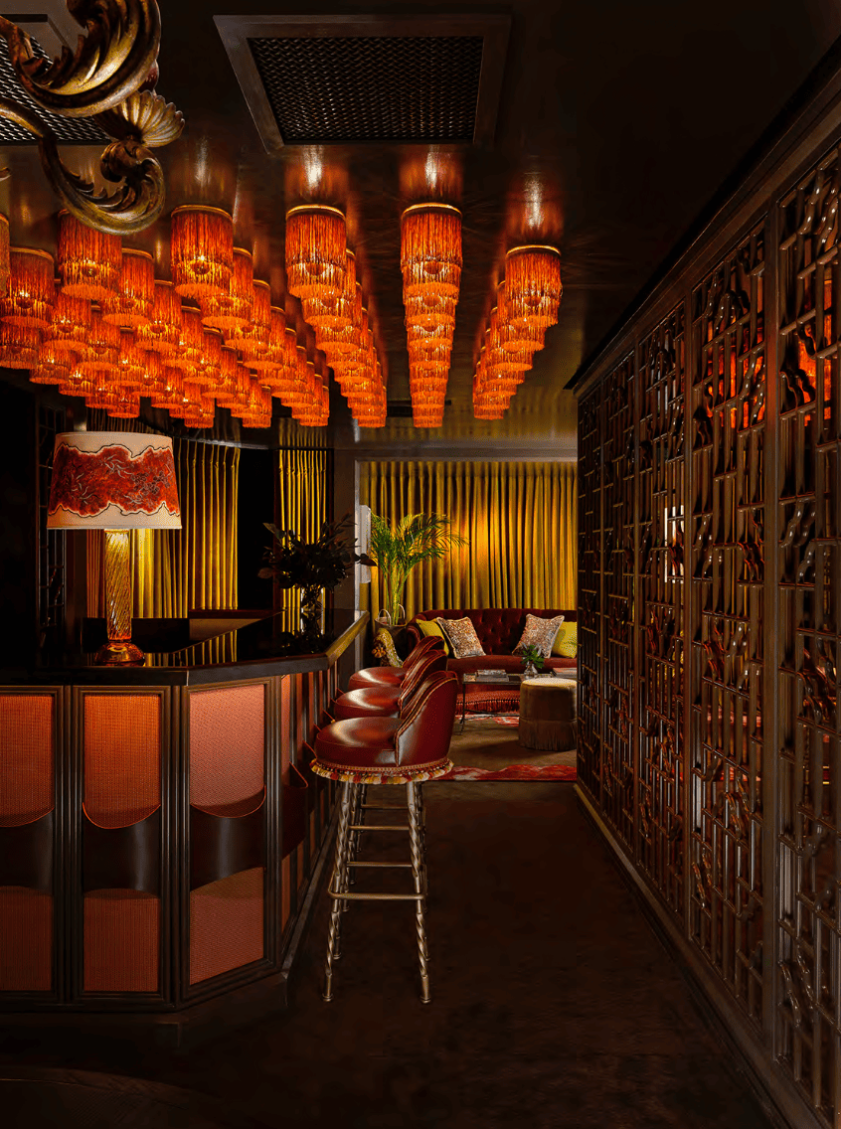 A view of the interior decoration of the Games Room on the fourth floor, with suspended lights and a bar