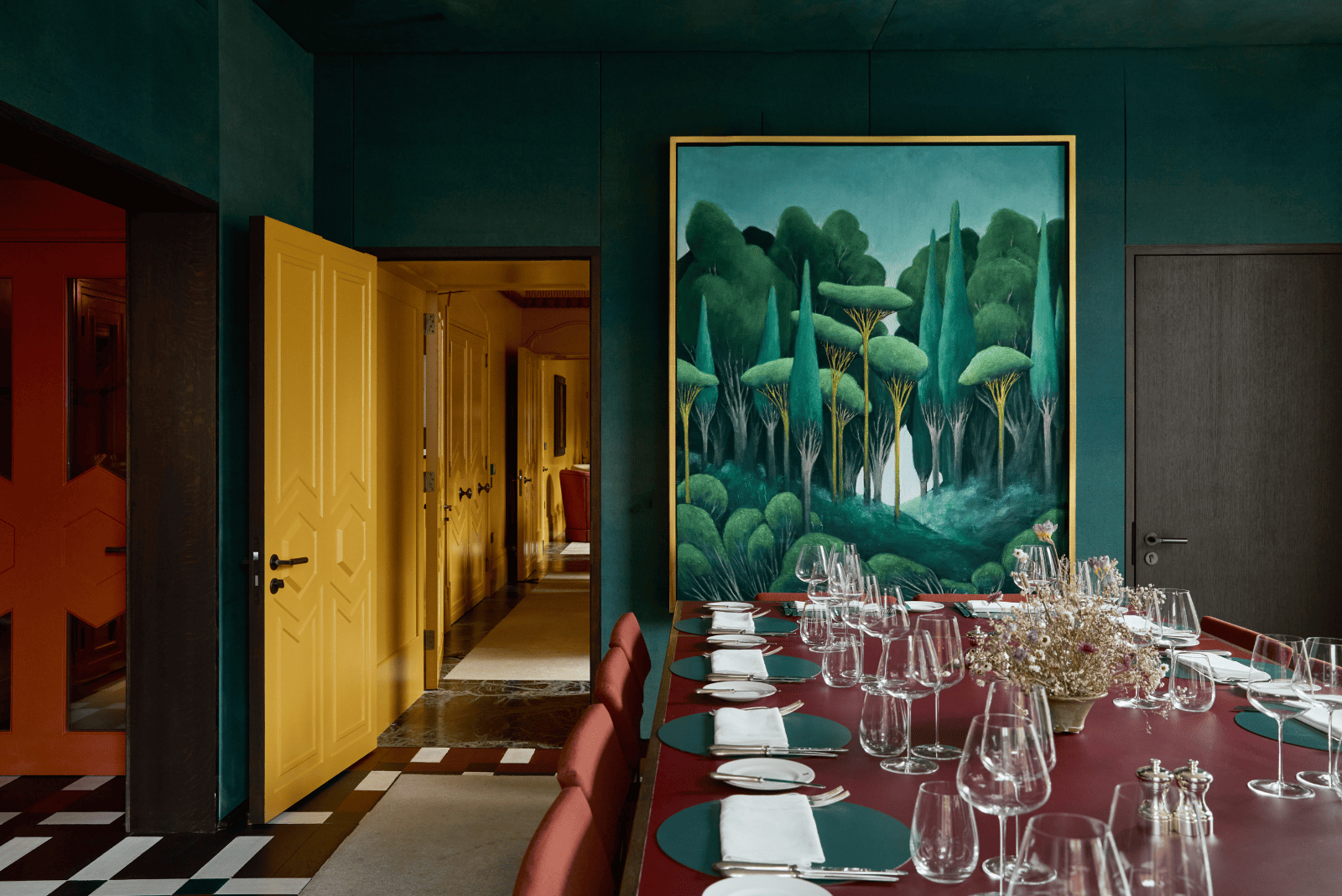 The Swiss Room at Mount St. Restaurant with NICOLAS PARTY's artwork ‘Landscape’ in the background