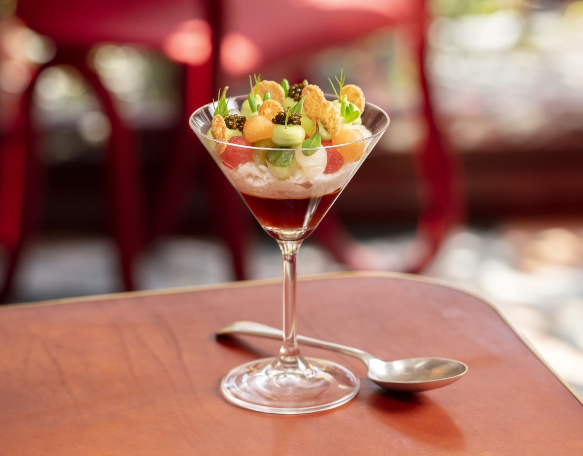 Retro Menu Melon ball cocktail, Dorset crab & caviar