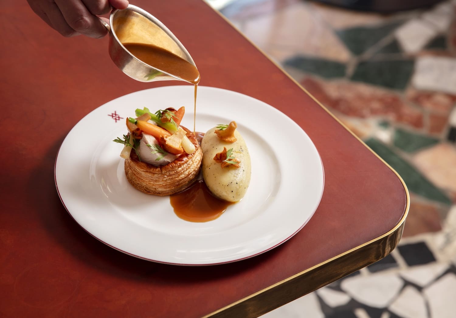 Chicken à la king vol-au-vent, black truffle mash