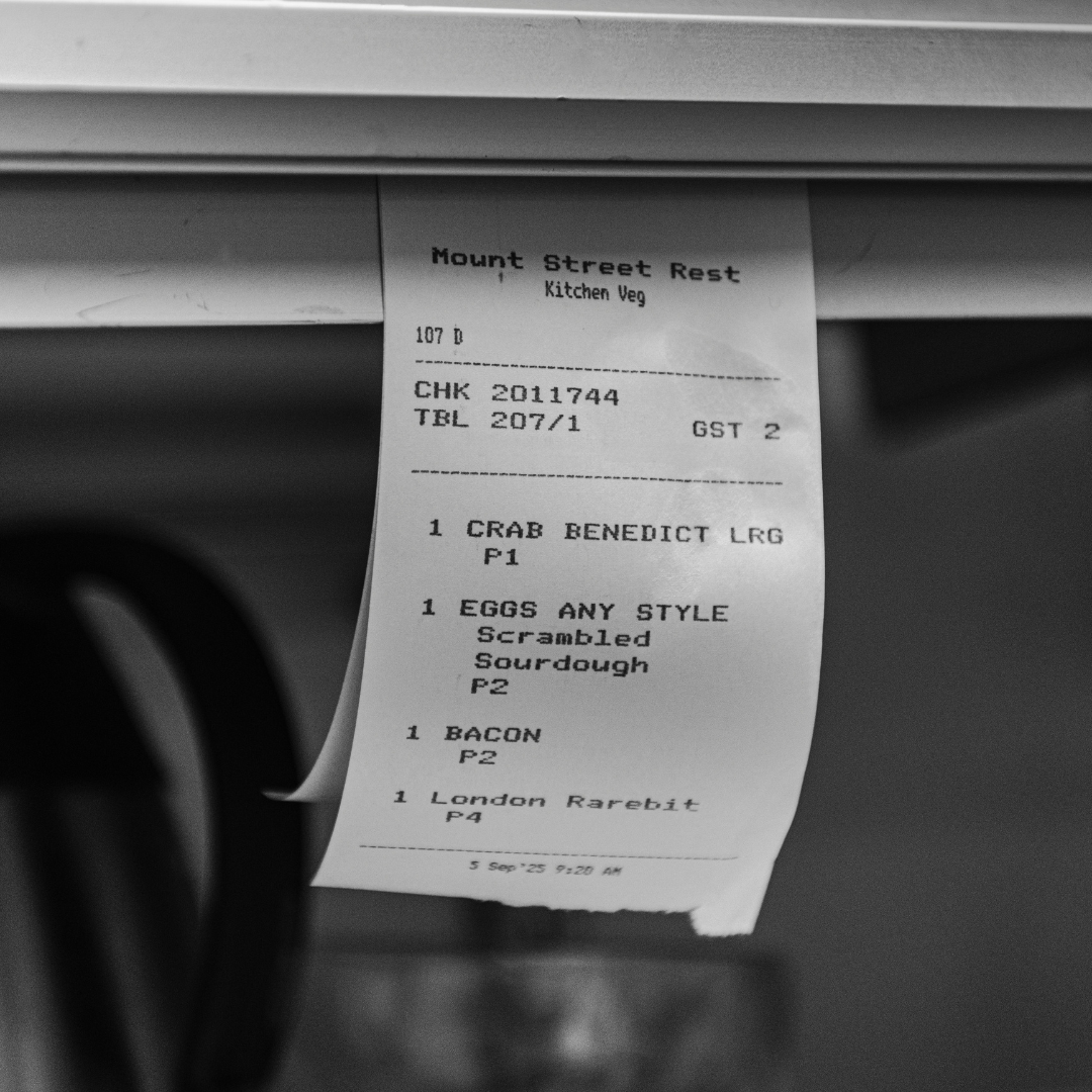 A ticket in the kitchen with a brunch order
