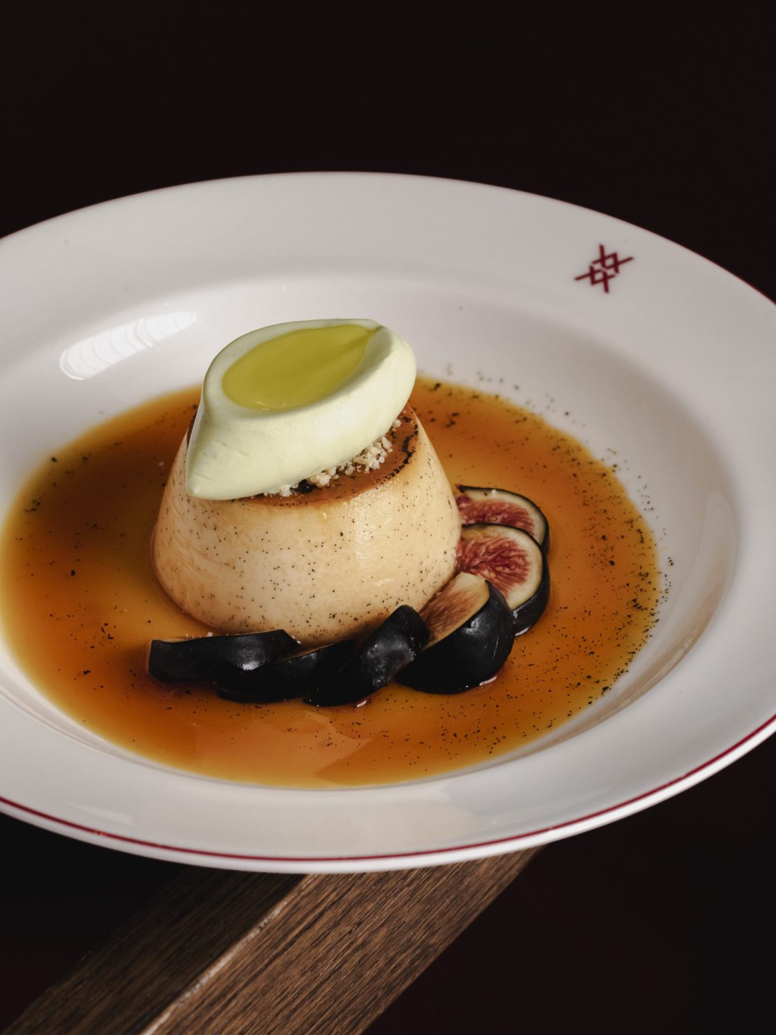 Crème caramel, figs, fig leaf ice cream