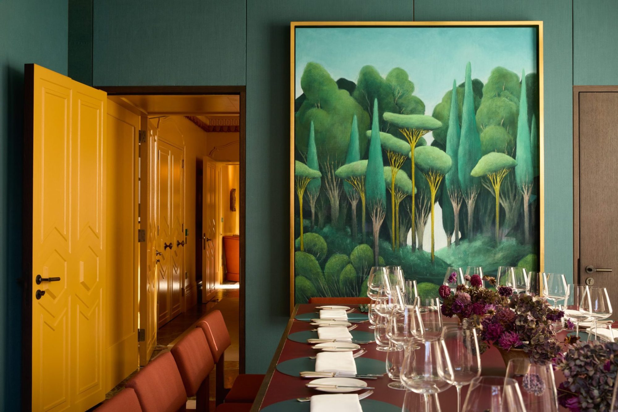 The Swiss Room at Mount St. Restaurant with NICOLAS PARTY's artwork ‘Landscape’ in the background