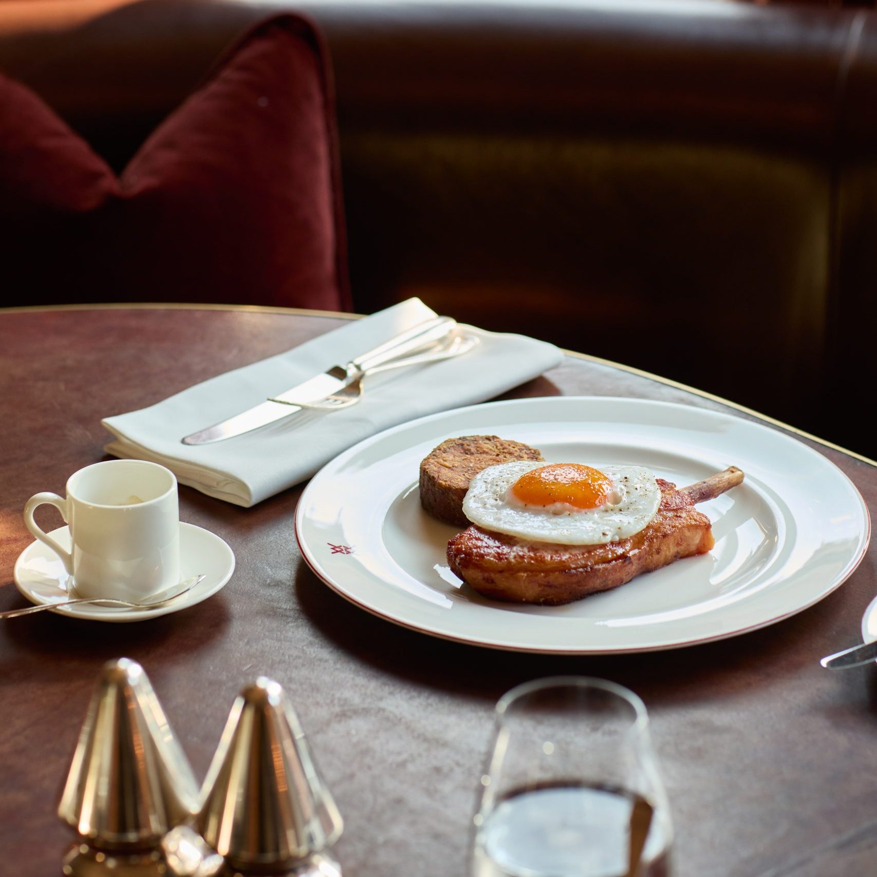 Bacon chop, bubble & squeak, fried duck egg