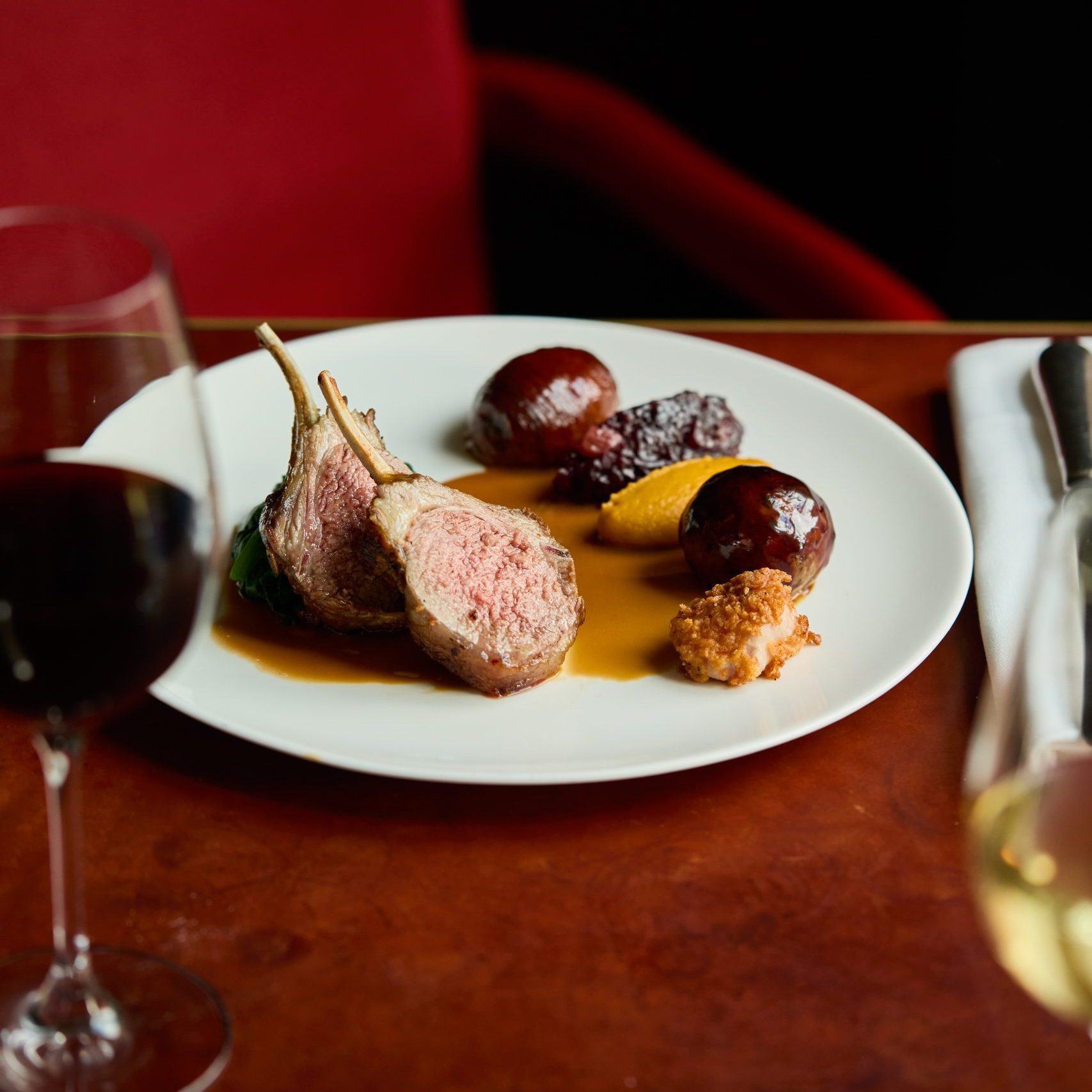 Durslade Farm lamb rack & faggot, Hasselback potato & braised red cabbage