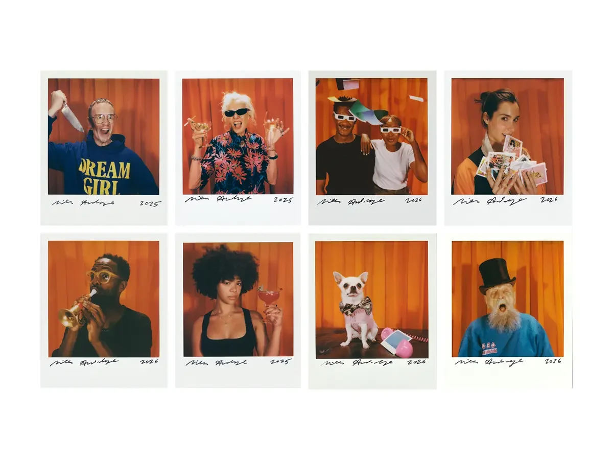 Eight polaroids of people stood against an orange background, photographed by Miles Aldridge